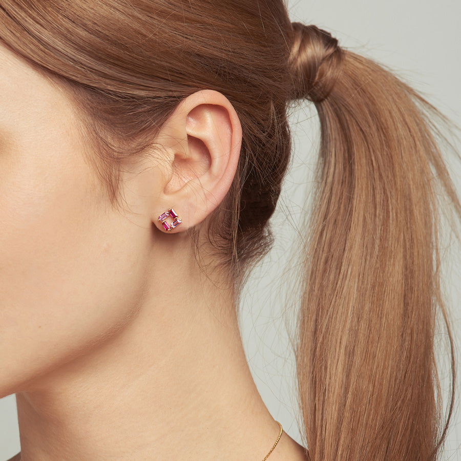 Ruby Pink Sapphire Square Baguette Earrings