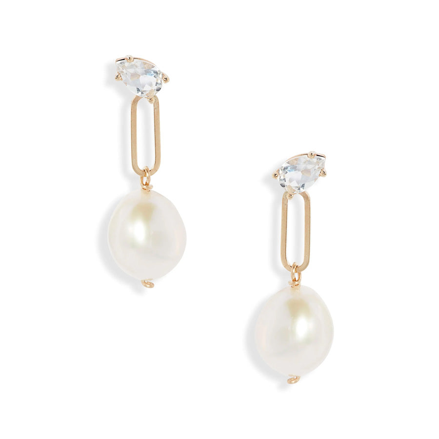 White Topaz Link Pearl Earrings