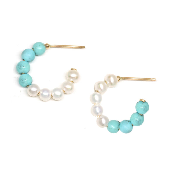 Small Pearl Turquoise Hoop Earrings