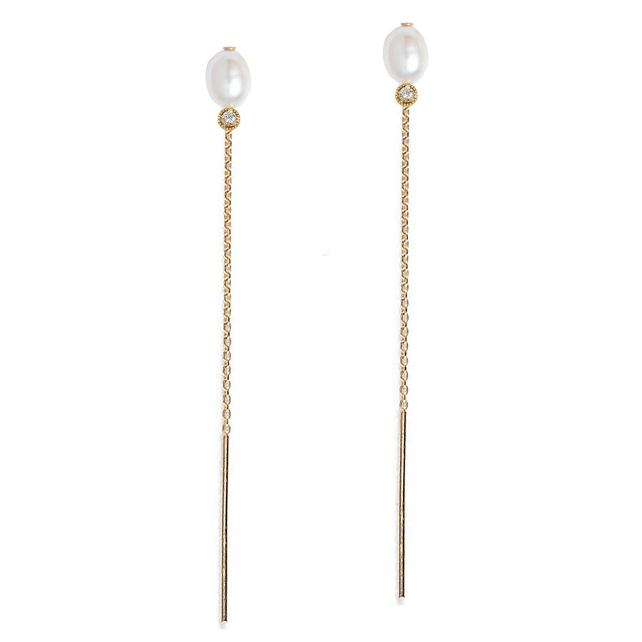 Petite Oval Pearl Diamond Threader Earrings