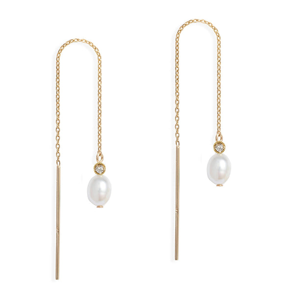 Petite Oval Pearl Diamond Threader Earrings