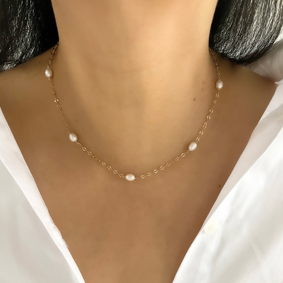 Oval Shimmer Spaced Pearl Necklace