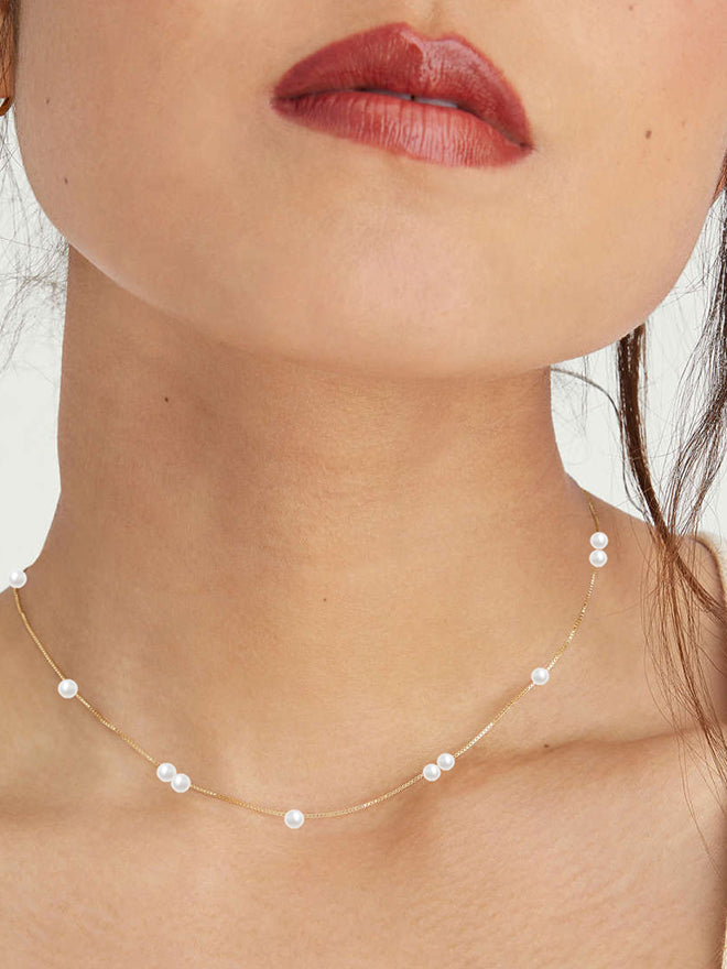 Spaced Pearl Box Chain Necklace