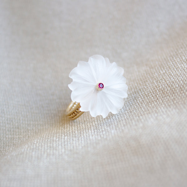 Large Flower Rock Crystal Ruby Ring