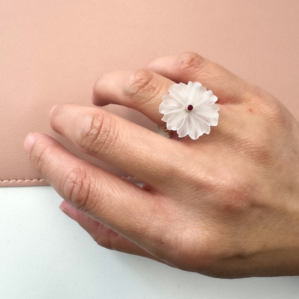 Large Flower Rock Crystal Ruby Ring