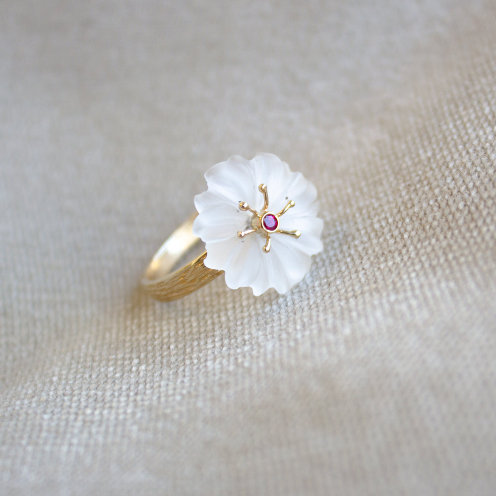 Small Flower Rock Crystal Ruby Ring