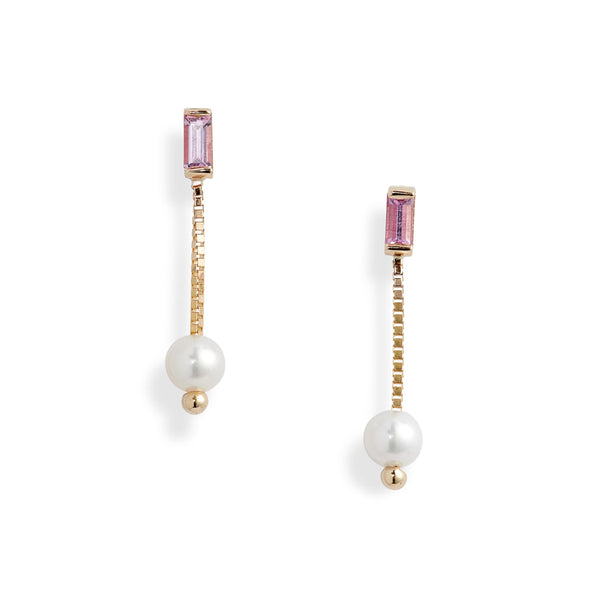 Pink Sapphire Pearl Box Chain Earrings
