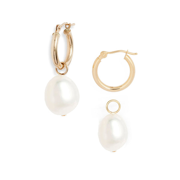 Small Gold Hoop Removable Oval Pearl Earrings