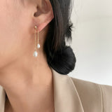 Short Double Bead Pearl Dangle Earrings