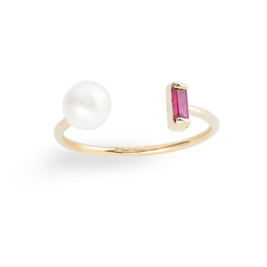 Baguette Ruby Pearl Open Ring