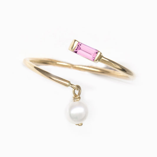 Baguette Pink Sapphire Pearl Dangle Ring