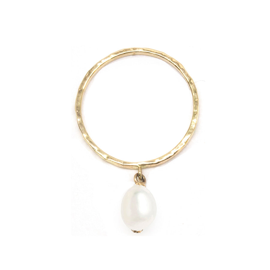 Oval Pearl Dangle Hammered Ring