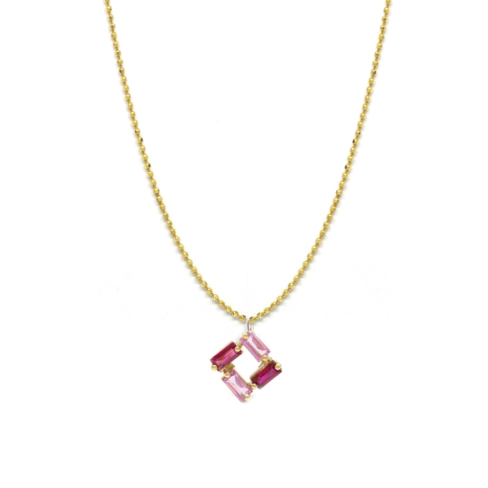 Ruby Pink Sapphire Square Baguette Necklace