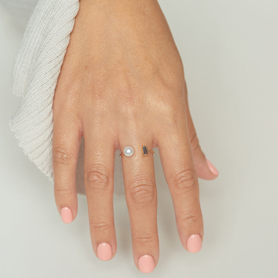 Baguette Aquamarine Pearl Open Ring