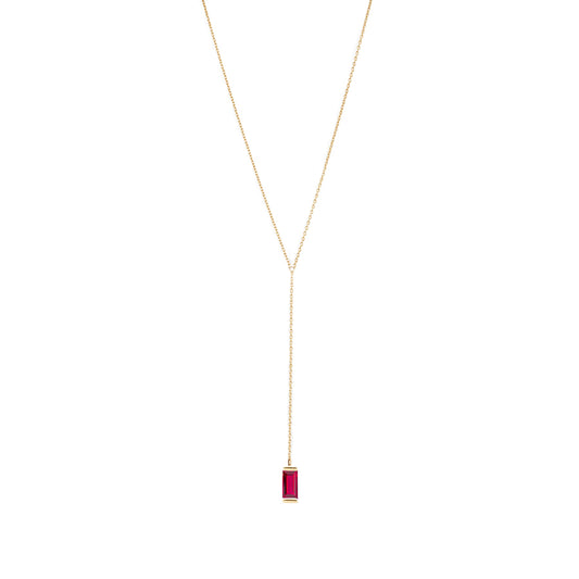 Gold Lariat Necklace with Ruby Baguette